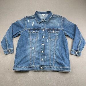 Distressed Denim Jacket 2XL Blue Stretch Jean Jacket Plus Size Jacket